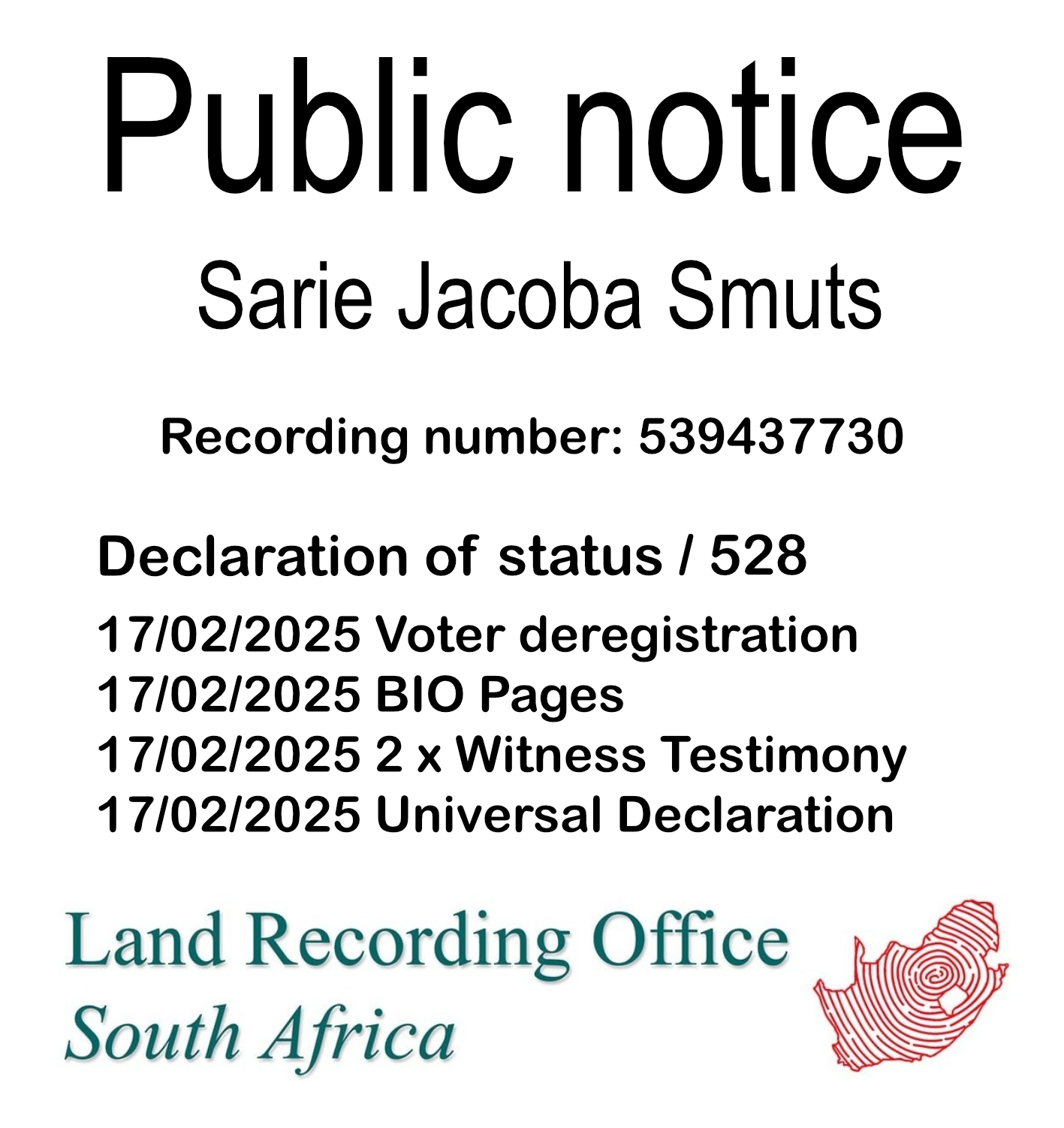 Public Notice Sarie Jacoba Smuts (c) Recording number 539437730